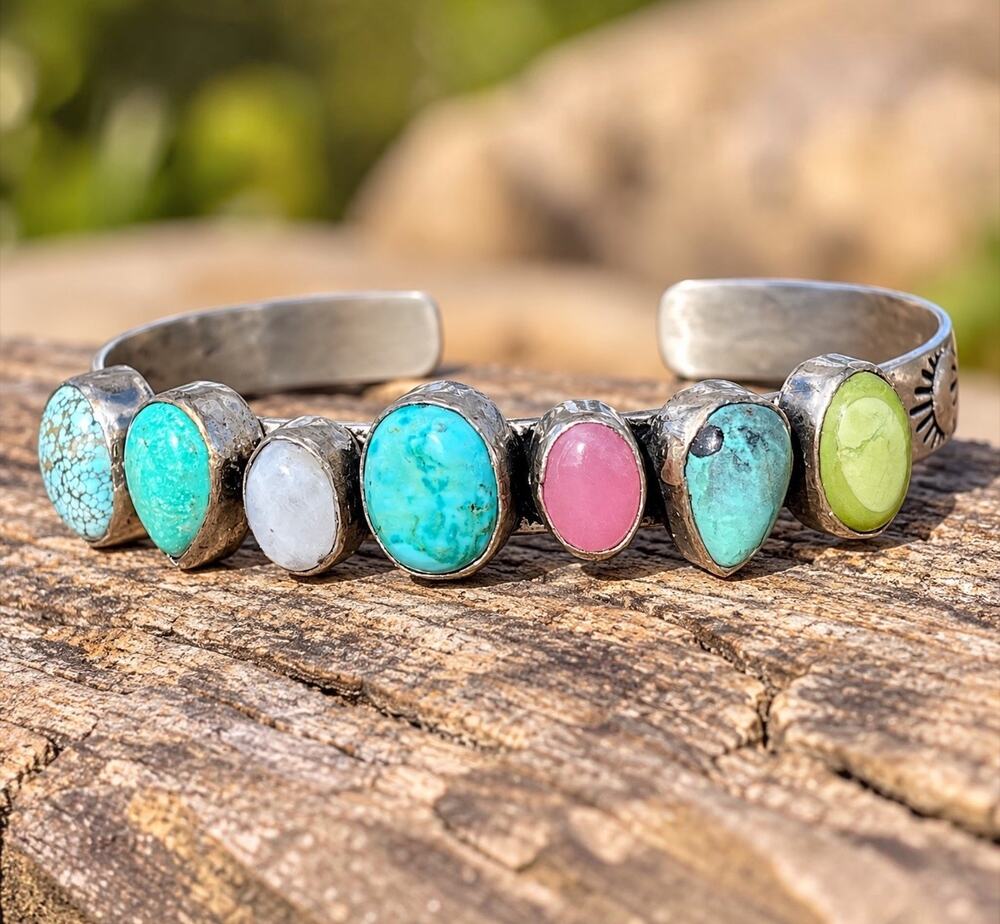 Sterling Silver Turquoise Multi-stone 7 Stone Cuff Bracelet Southwest Colorful